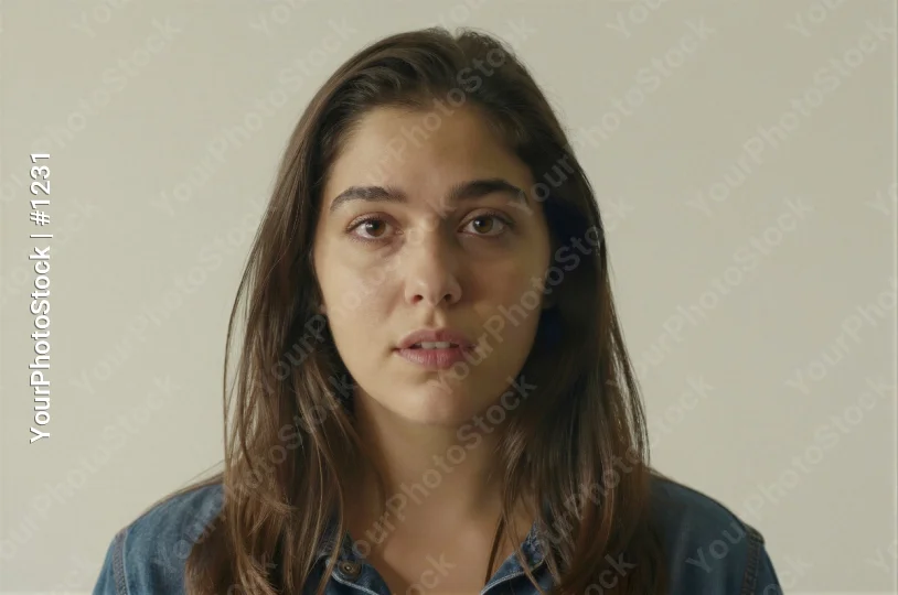 Young Woman in Serious Expression Wearing Blue Denim Shirt