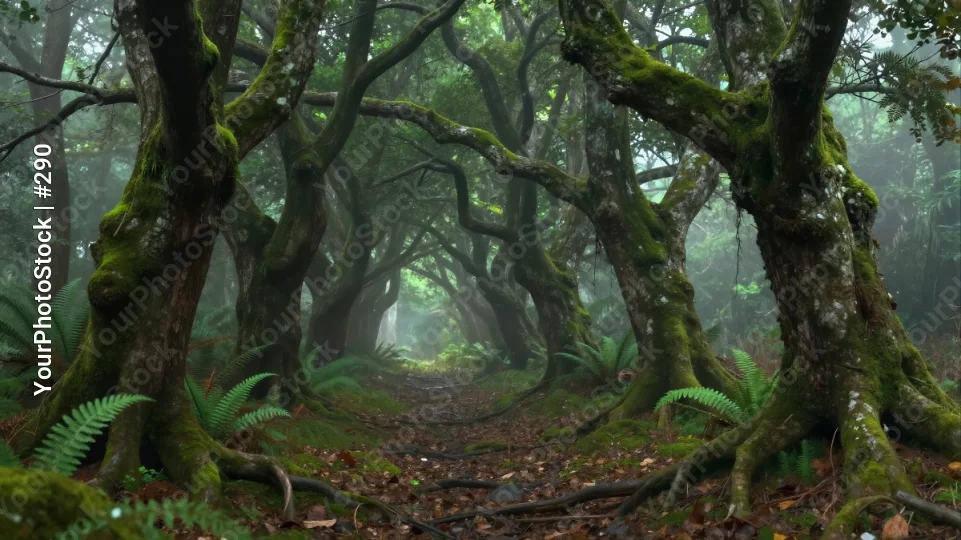 Dense Forest with Moss-Covered Trees and Foggy Path