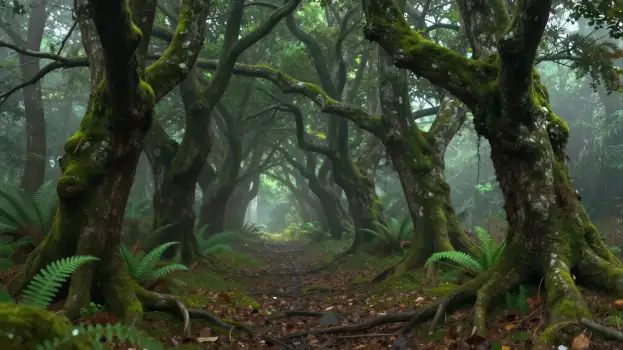 Dense Forest with Moss-Covered Trees and Foggy Path
