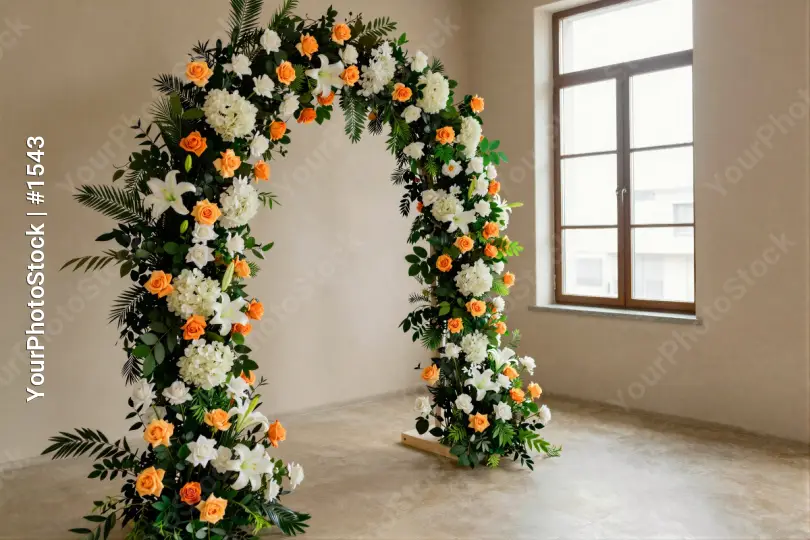 Elegant floral archway in room with large window