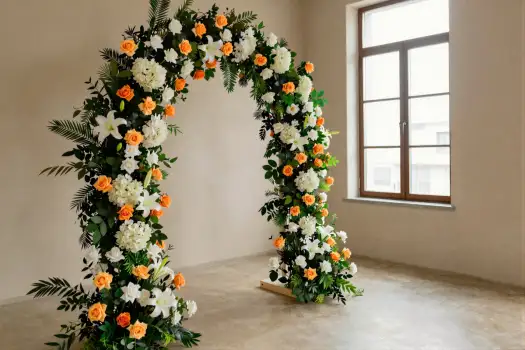 Elegant floral archway in room with large window