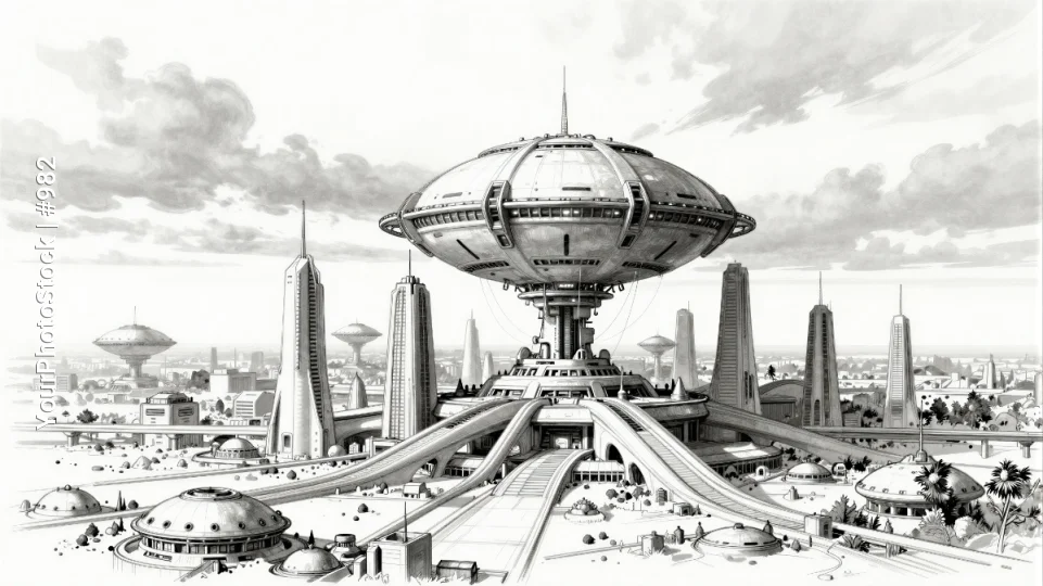 Futuristic Cityscape with Spaceship spherical