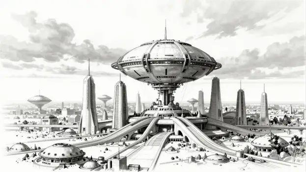 Futuristic Cityscape with Spaceship spherical