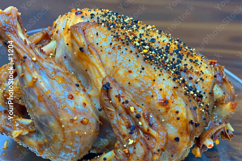 Roasted Chicken Drumstick with Sesame Seeds on White Plate