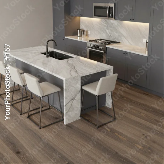 Modern Kitchen with Island and Barstools marble