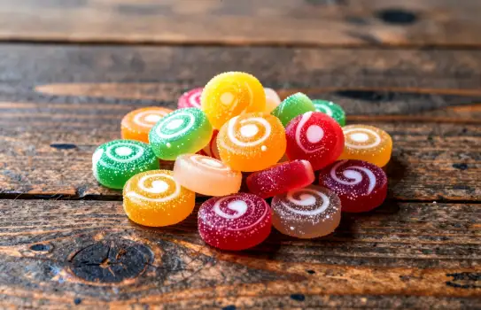 Colorful Candy Display on Wooden Table