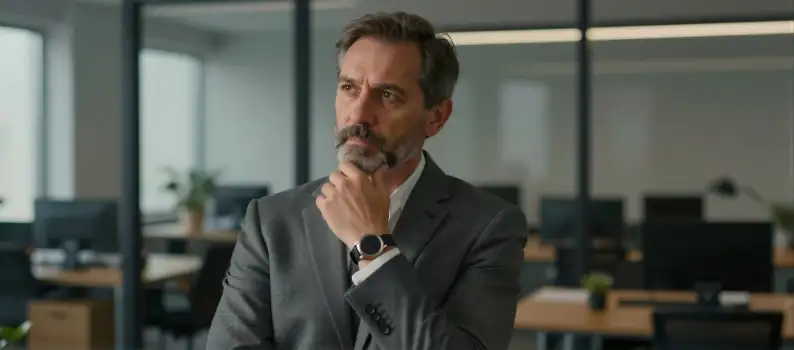 Middle-aged man in suit sitting thoughtfully in office business man