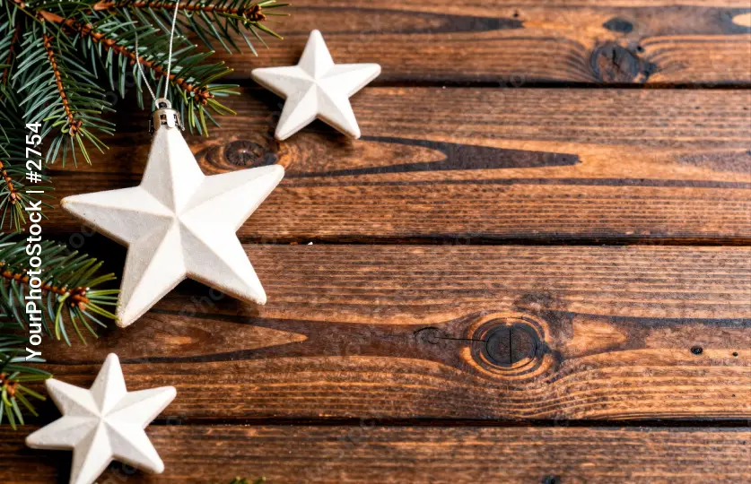 Rustic Wooden Background with Christmas Decorations and Festive Elements