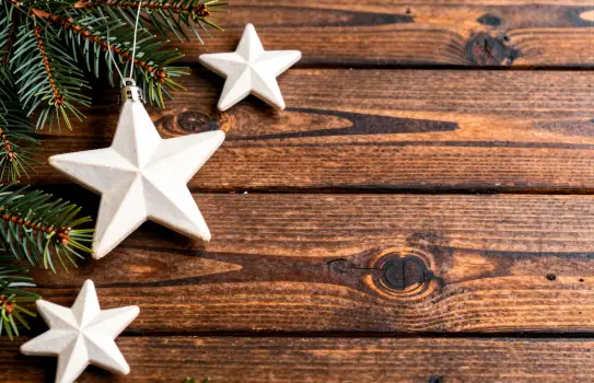 Rustic Wooden Background with Christmas Decorations and Festive Elements