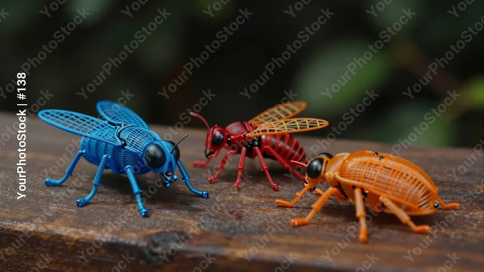 Three Plastic Insects on Wood wooden surface natural setting