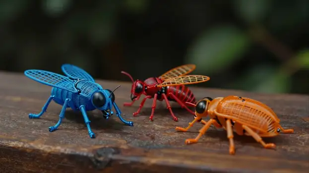 Three Plastic Insects on Wood wooden surface natural setting