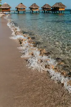 Serene Beach with Clear Water and Wooden Pier