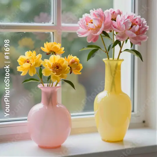 Two Pink and Yellow Vases with Peonies on Windowsill