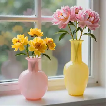 Two Pink and Yellow Vases with Peonies on Windowsill