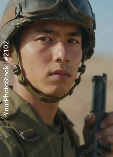 Young Asian Man in Military Uniform Holding Gun