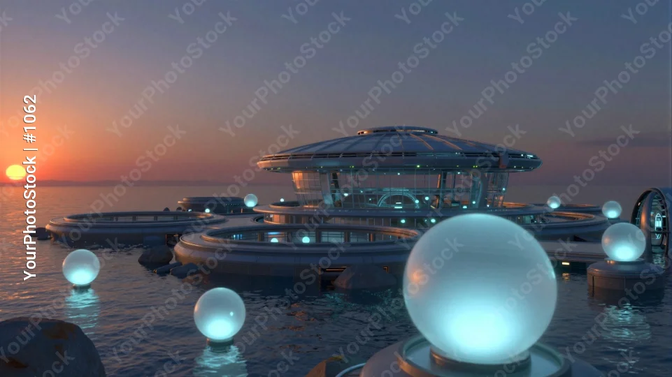 Futuristic Floating Island at Sunset ocean dome