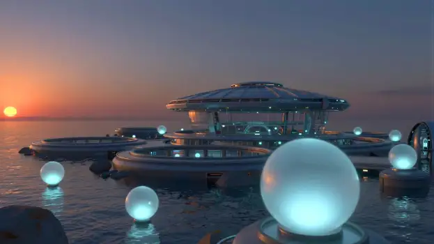 Futuristic Floating Island at Sunset ocean dome