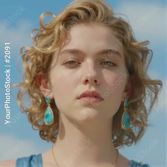 Serious Young Woman with Blonde Curly Hair, Blue Top, Turquoise model