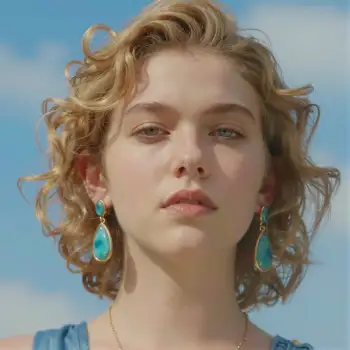 Serious Young Woman with Blonde Curly Hair, Blue Top, Turquoise model