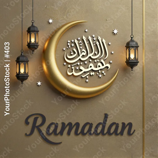 Ramadan Arabic Calligraphy with Golden Crescent Moon and Lanterns