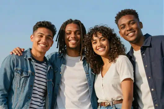 Four young people smiling outdoors four individuals