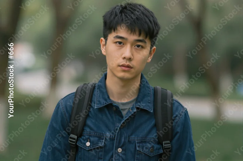 Young Asian man in blue denim jacket standing seriously in park