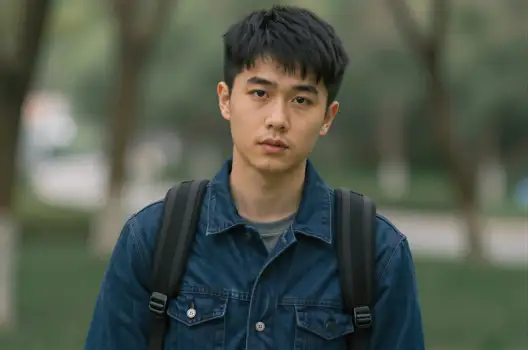 Young Asian man in blue denim jacket standing seriously in park