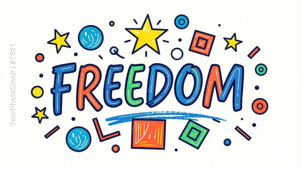 Freedom Cursive Illustration with Doodles word art