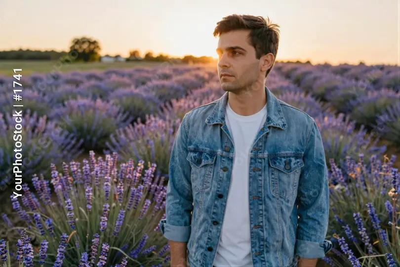 Young Man Standing in Lavender Field at Sunset