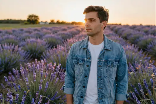 Young Man Standing in Lavender Field at Sunset