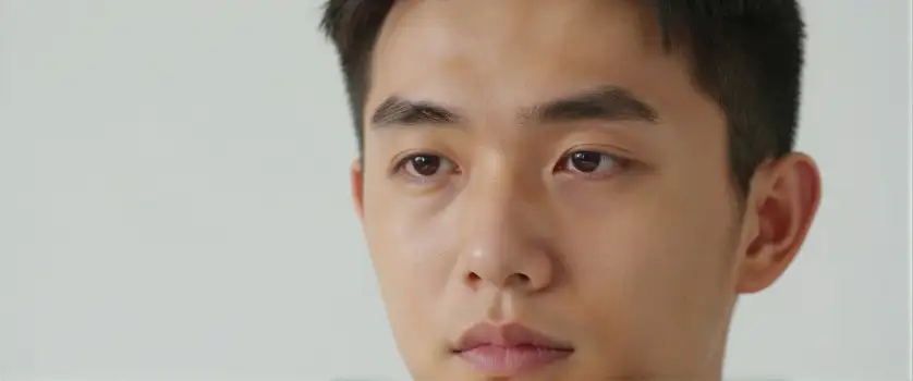 Young Asian Man with Serious Expression close-up portrait