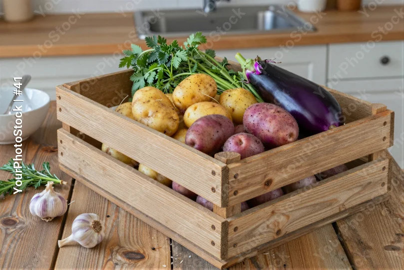 Fresh Vegetables in Wooden Crate on Kitchen Countertop