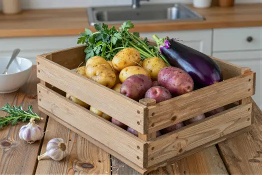Fresh Vegetables in Wooden Crate on Kitchen Countertop
