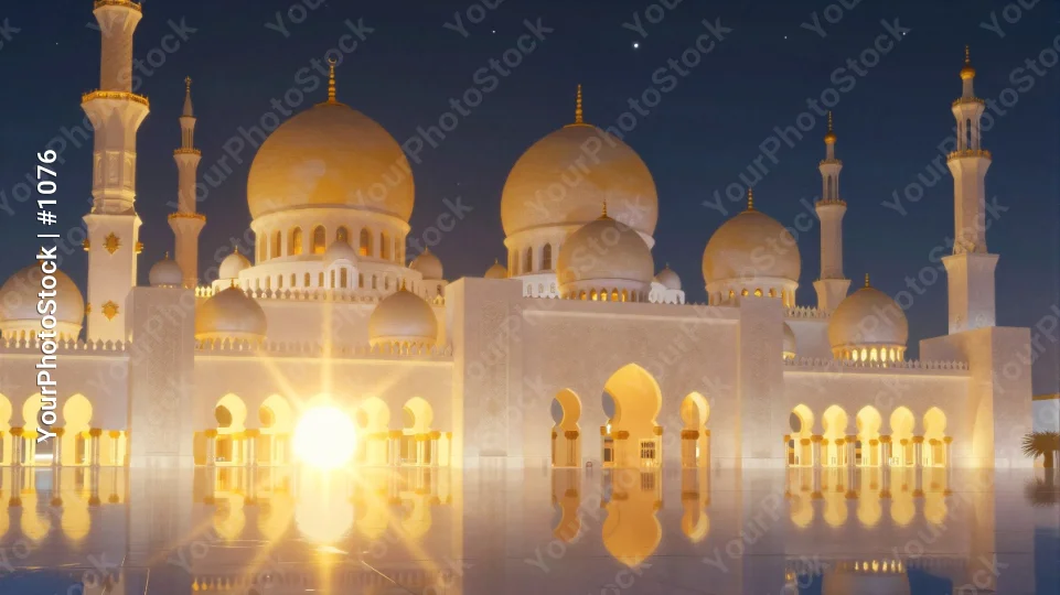 Mosque at Night with Golden Lights domes minarets