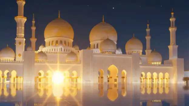 Mosque at Night with Golden Lights domes minarets
