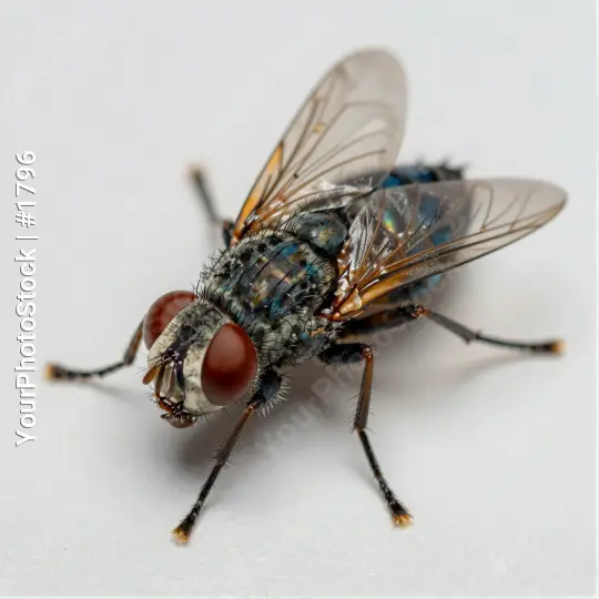 Close-up of a House Fly with Metallic Blue Body on White Background