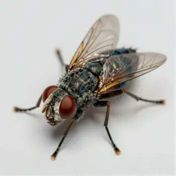 Close-up of a House Fly with Metallic Blue Body on White Background