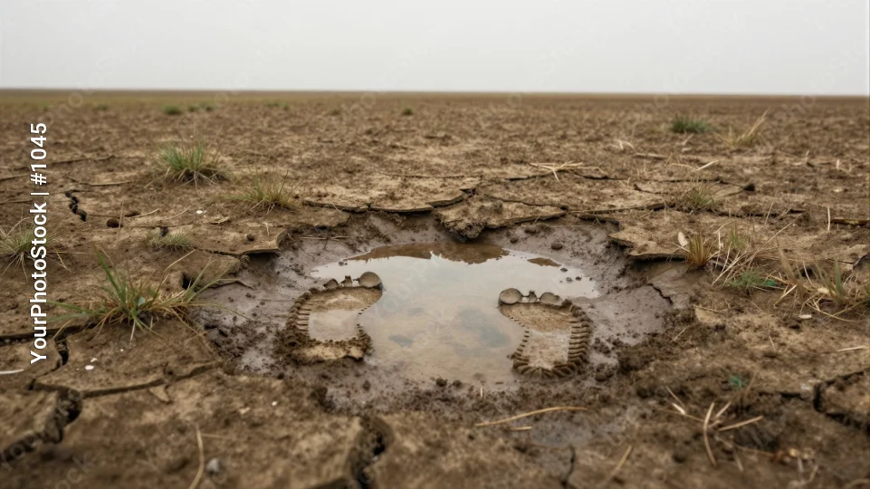 Dry Landscape with Footprints barren puddle cracked ground