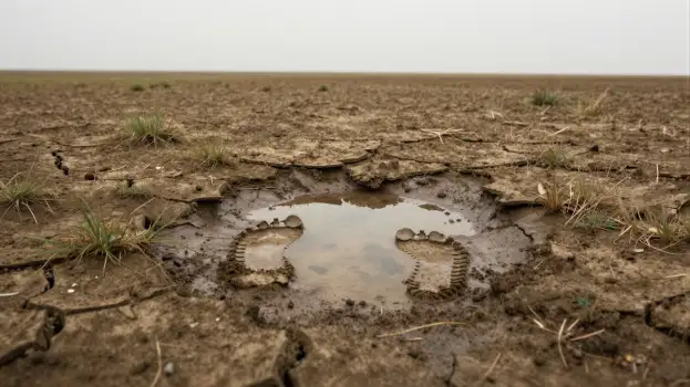 Dry Landscape with Footprints barren puddle cracked ground