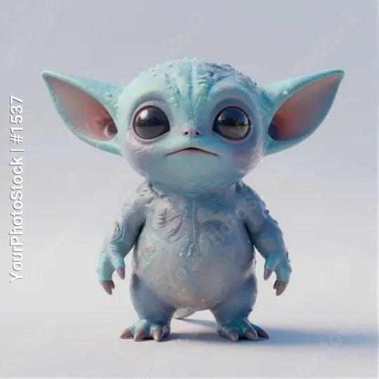 3D rendering of light blue alien character figurine standing