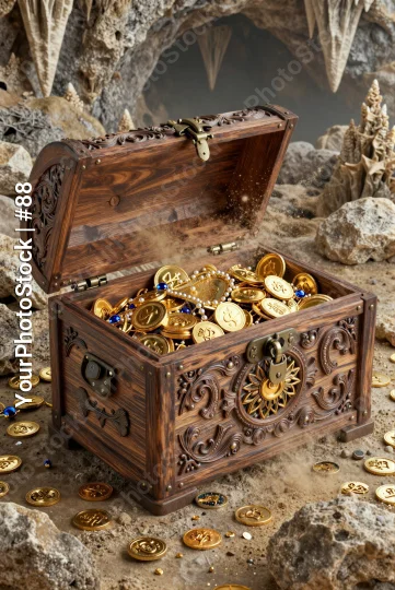 Old Wooden Chest with Gold Coins intricate carvings