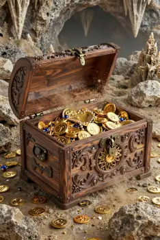 Old Wooden Chest with Gold Coins intricate carvings