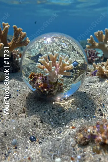 Transparent Sphere Revealing Pink Coral in Serene Underwater Reef
