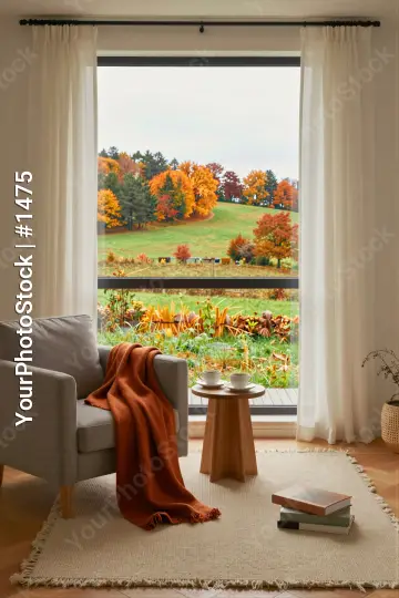 Living Room with Green View and Warm Decor white curtains
