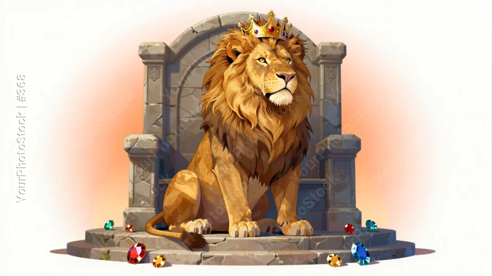 Golden Lion Sitting on Throne with Crown stone illustration