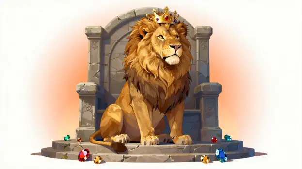 Golden Lion Sitting on Throne with Crown stone illustration
