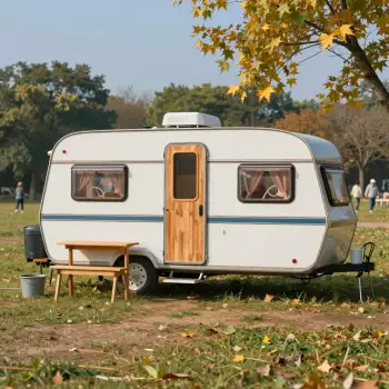 Vintage Caravan in Autumn Field trees travel outdoor