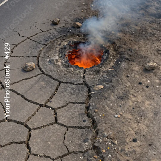 Road Crack with Burning Flame smoke plume dry ground