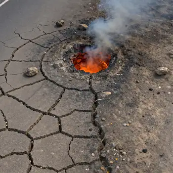 Road Crack with Burning Flame smoke plume dry ground