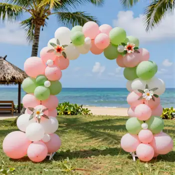 Pink and Green Balloon Arch with Flowers on Beach